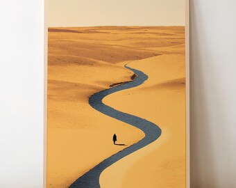 Minimalist Desert Print: Surreal Winding Path, Solitary Figure, Desert Landscape, Abstract Poster, Contemporary Wall Art (Digital Download)