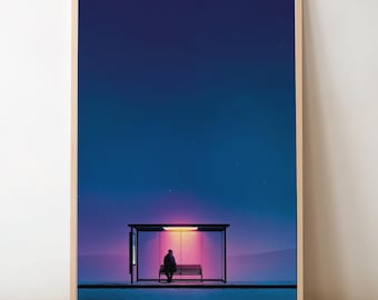 Neon Bus Stop Print – Moody Cyberpunk, Urban Night Scene (Digital Download)