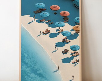 Beach Aerial Print: Minimalist Coastal Decor, Summer Umbrellas (Digital Download)