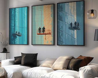 Skyscraper Wall Art Set of 3 | Urban Architecture Prints | Window Cleaners Illustration | Modern Office & Loft Decor | Industrial Cityscape