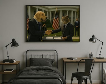 Funny Dog and Cat Print: Animals in Suits, Surreal Pet Portrait (Digital Download)