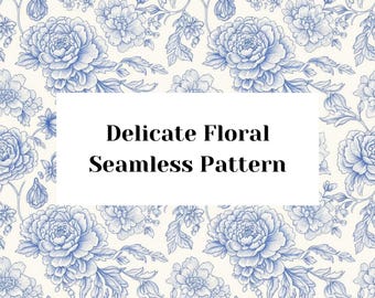 Blue and White Toile Floral Seamless Pattern – Victorian Line Art (PNG)