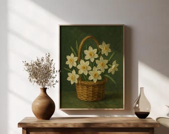 Daffodil Oil Painting Print: Vintage Floral Still Life (Digital Download)