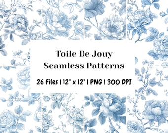 Blue Toile De Jouy Digital Paper Pack – 26 Seamless Patterns, 12×12 PNG, French Floral & Chinoiserie Designs