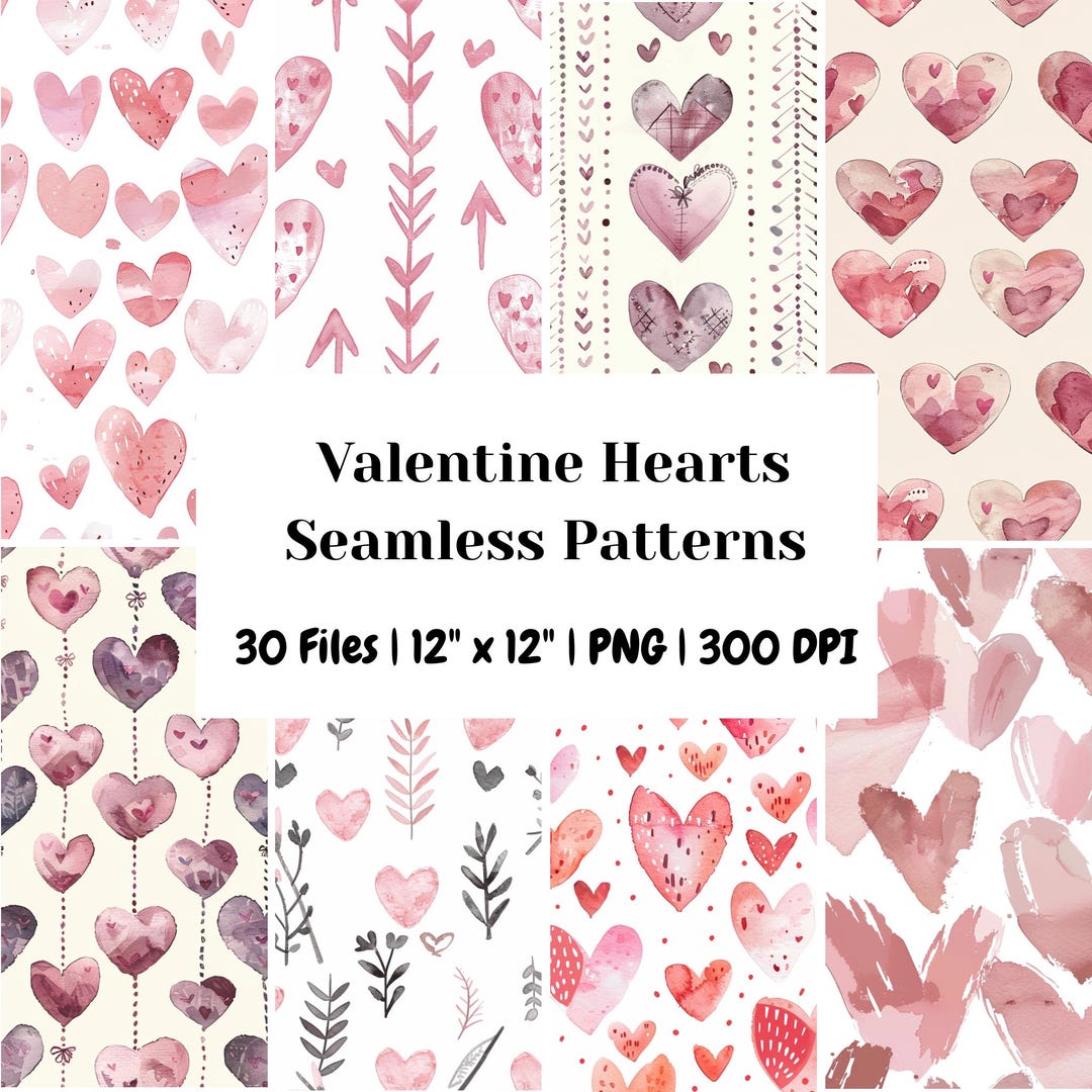 Watercolor Valentine Seamless Patterns, Red Pink Heart Digital Paper ...