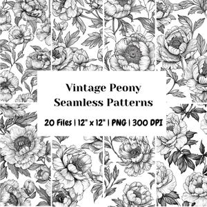 20 Vintage Peony Seamless Patterns | Botanical Line Art Floral Engravings | Black & White Flower Backgrounds | Digital Paper for Crafting