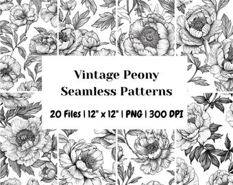 20 Vintage Peony Seamless Patterns | Botanical Line Art Floral Engravings | Black & White Flower Backgrounds | Digital Paper for Crafting