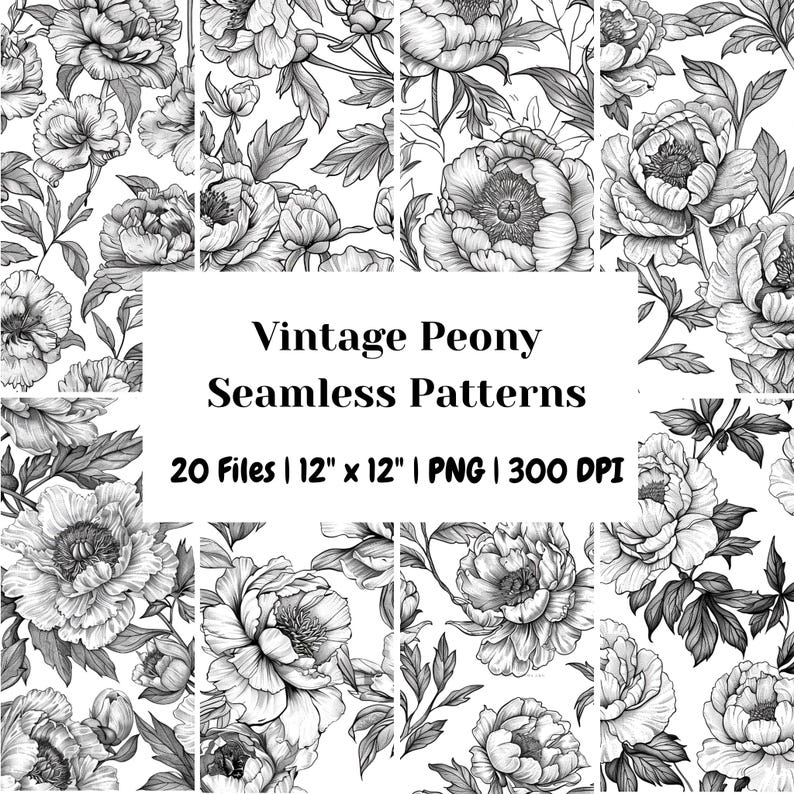20 Vintage Peony Seamless Patterns | Botanical Line Art Floral ...