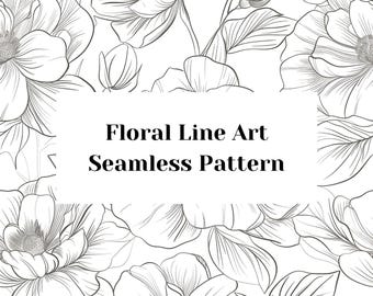 Floral Line Art Seamless Pattern – Black & White Flower Outline (PNG Digital Download)