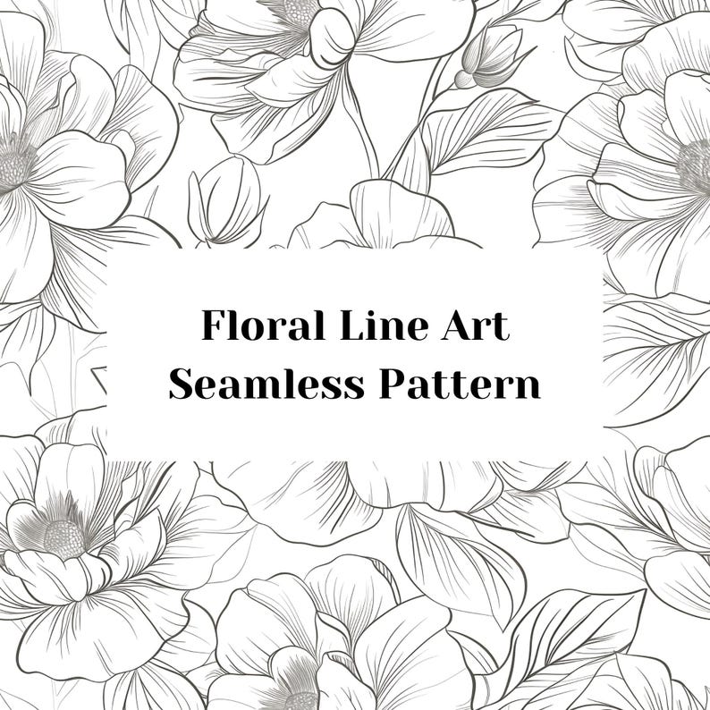 Floral Line Art Seamless Pattern – Black & White Flower Outline (PNG ...