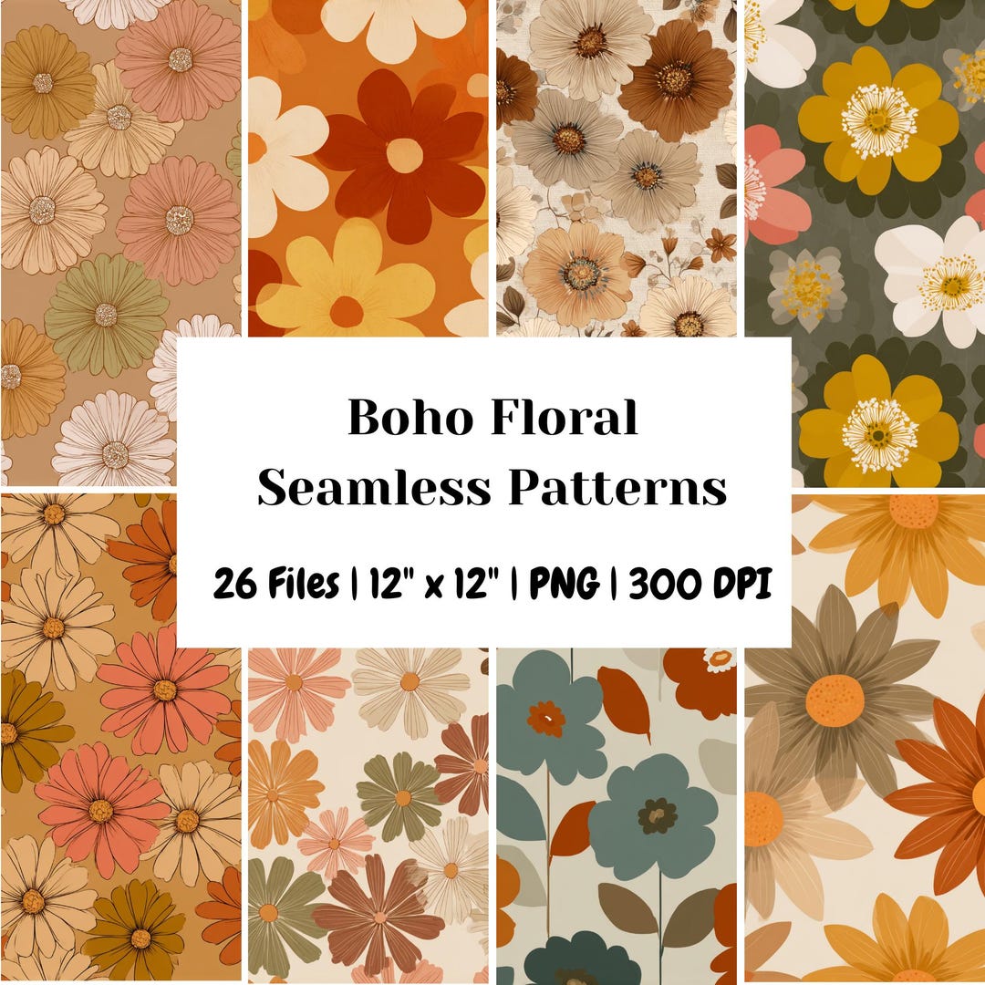 Retro Boho Floral Seamless Patterns Bundle, 70s Groovy Flower Digital ...