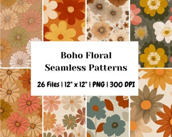 Retro Boho Floral Seamless Patterns Bundle, 70s Groovy Flower Digital Paper, Vintage Wildflower Backgrounds, Warm Earthy Color Palette PNG