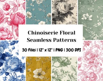 May include: A collection of Chinoiserie floral seamless patterns. The patterns feature various floral designs in colors like pink, blue, green, and yellow. The image includes the text "Chinoiserie Floral Seamless Patterns" and "30 Files | 12" x 12" | PNG | 300 DPI."