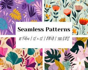 May include: Four seamless patterns with floral and botanical designs in various color palettes. The patterns include flowers, leaves, and other plant elements. The text "Seamless Patterns" is displayed, along with file details.