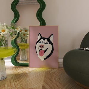 Husky Wall Art Print – Funny Dog Face Poster, Cartoon Pet Illustration, Siberian Husky Decor, Pink Background Dog Art, Digital Print