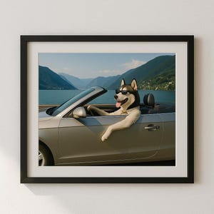Muurkunst coole husky rijdende cabrio – digitale print grappige hond – hond poster met uitzicht op het meer – decor Siberische husky voor huisdierenliefhebbers