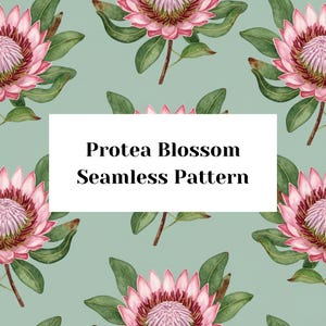 May include: Seamless pattern featuring watercolor protea blossoms in pink and green on a light teal background. The image includes the text "Protea Blossom Seamless Pattern" in a white rectangle.