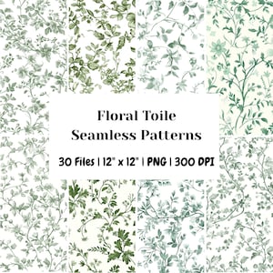 May include: A collection of floral toile seamless patterns in shades of green and white. The image displays various botanical designs, including leaves and flowers. Text on the image reads: "Floral Toile Seamless Patterns, 30 Files | 12" x 12" | PNG | 300 DPI."