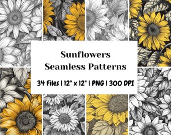 34 Sunflower Seamless Patterns, Yellow & Gray Digital Papers, Commercial Use Scrapbooking Pack