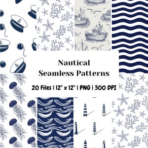 20 Nautical Seamless Patterns | Navy Blue Ocean Digital Papers | Digital Craft Paper Bundle | Coastal Marine Backgrounds 300 DPI
