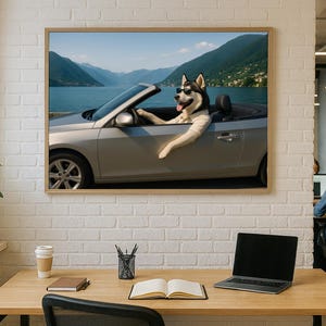 Impresión de Husky en un coche descapotable: Arte mural divertido para amantes de los perros (descarga digital)