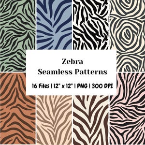 Pacchetto di motivi zebrati senza soluzione di continuità / 16 sfondi con stampe animalier / Pacchetto di carta da disegno digitale, motivo a mosaico (uso commerciale, 300 DPI, 16 file)