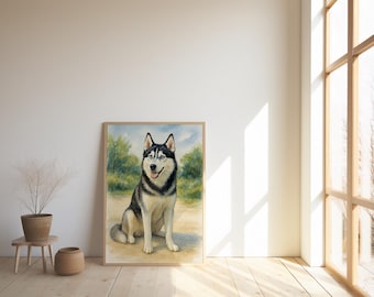 May include: A framed watercolor painting of a Siberian Husky dog. The dog is depicted sitting with its tongue out, showcasing its black and white fur and blue eyes. The background features green trees and a blue sky.