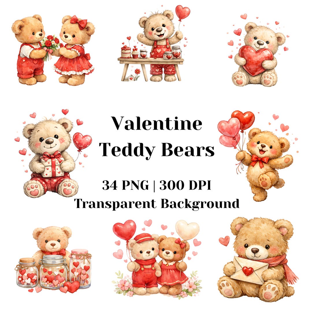 Valentine Teddy Bear Clipart Set, Cute Bear PNG Bundle, Valentine ...