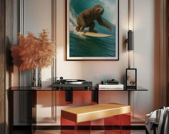 Surfing Sloth Art Print – Funny Tropical Beach Poster (Digital Download)