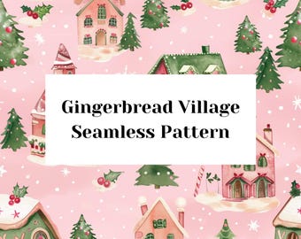 Watercolor Gingerbread Village Seamless Pattern | Pink Christmas Digital Paper