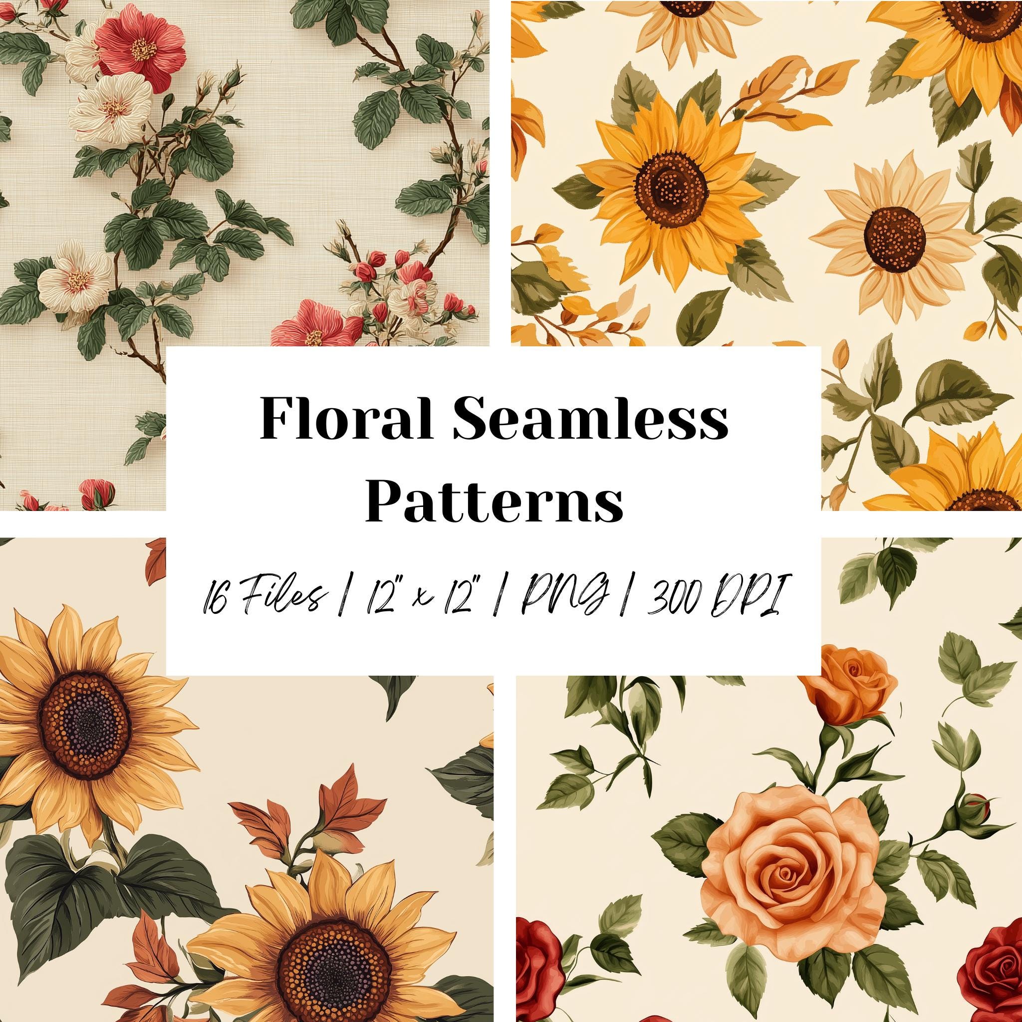 Vintage Floral Seamless Patterns | Retro Botanical Digital Paper (PNG ...