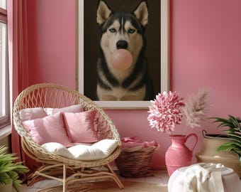 Funny Husky Bubble Gum Print: Quirky Siberian Dog Art (Digital Download PNG File)