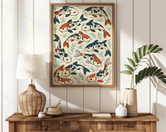 Japandi Koi Fish Print: Hokusai Style Japanese Wall Art (Digital Download