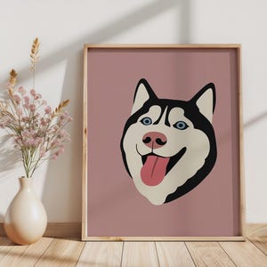 Arte mural imprimible de husky: adorable cara de perro, descarga digital, decoración rosa para habitación infantil, póster de husky siberiano, regalo para amantes de los perros, regalo para niños.