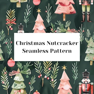 Op de afbeelding: Een naadloos kerstpatroon met aquarel illustraties van notenkrakers, kerstbomen en ornamenten in rood, groen en roze. De tekst "Christmas Nutcracker Seamless Pattern" wordt weergegeven op een witte rechthoek.