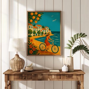Mediterranean Coastal Art Print: Vintage Woman on Bicycle (Digital Download)
