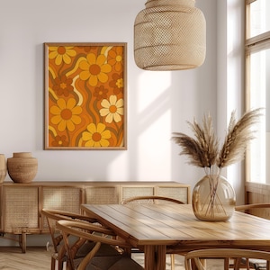 Arte floral retro para pared – Estilo años 70, imprimible/descarga digital/flores cálidas en tonos naranja y amarillo/decoración bohemia vintage
