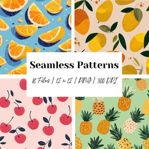 May include: A selection of seamless patterns with fruit designs. The patterns showcase oranges, lemons, cherries, and pineapples. The image includes the text "Seamless Patterns" and "16 Files | 12" x 12" | PNG | 300 DPI".
