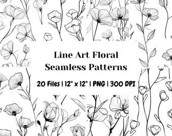 Minimalist Line Art Floral Seamless Pattern Bundle – Black and White Botanical Outline Backgrounds, Modern Flower Digital Paper, Line Floral