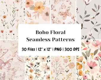 Boho Floral Seamless Patterns | Dusty Rose & Peach (30 PNG Files)