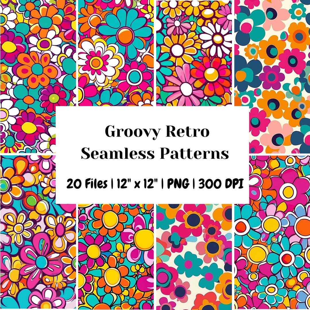 Groovy Retro Seamless Pattern Bundle, 70s Floral Digital Paper, Hippie ...