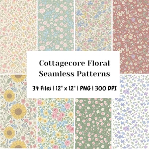 May include: A selection of floral seamless patterns in pastel shades, with designs of small flowers and leaves. The image includes the text "Cottagecore Floral Seamless Patterns" and details about the files, including 30.48 cm x 30.48 cm size.