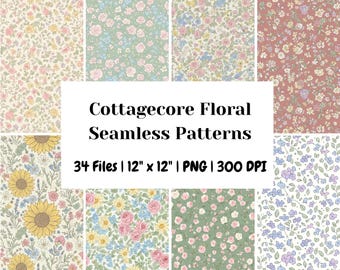 Floral Seamless Pattern Bundle: Retro Digital Paper, Digital Craft Paper Bundle, Tiled Floral Pattern (Commercial Use, 300 DPI, 34 Files)