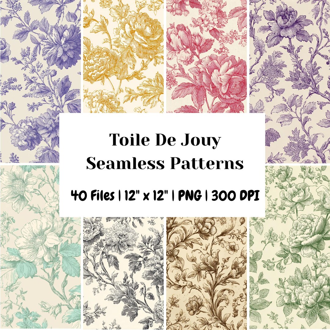 40 Seamless Delicate Floral Toile Line Art Patterns, Vintage Floral ...