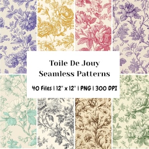 40 Seamless Delicate Floral Toile Line Art Patterns, Vintage Floral Engraving Digital Paper, Toile de Jouy Floral Seamless Patterns PNG