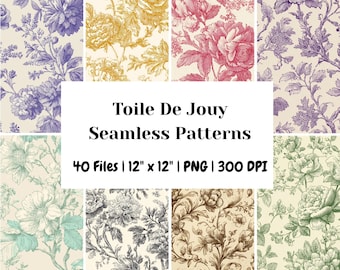 40 Seamless Delicate Floral Toile Line Art Patterns, Vintage Floral Engraving Digital Paper, Toile de Jouy Floral Seamless Patterns PNG
