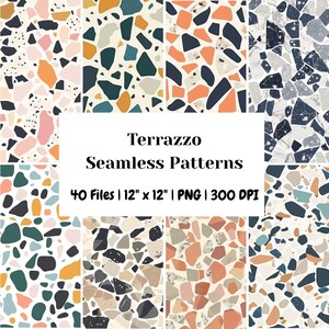 May include: A collection of terrazzo seamless patterns in various color palettes, including pink, orange, teal, and navy. The image displays 40 files, each 12" x 12", in PNG format at 300 DPI. The patterns feature irregular shapes.
