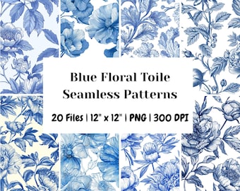 20 Seamless Delicate Blue Floral Toile Line Art Patterns, Vintage Floral Engraving Digital Paper, Toile de Jouy Floral Seamless Patterns PNG