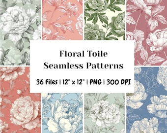 36 Toile de Jouy Peony Floral Seamless Pattern Bundle | Vintage Botanical Toile Backgrounds | Elegant Line Art Printable Textures PNG