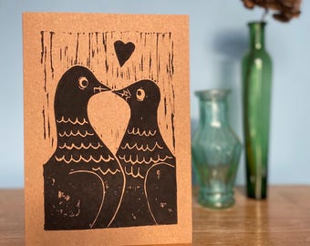 Love Pigeons Lino Print Greetings Card
